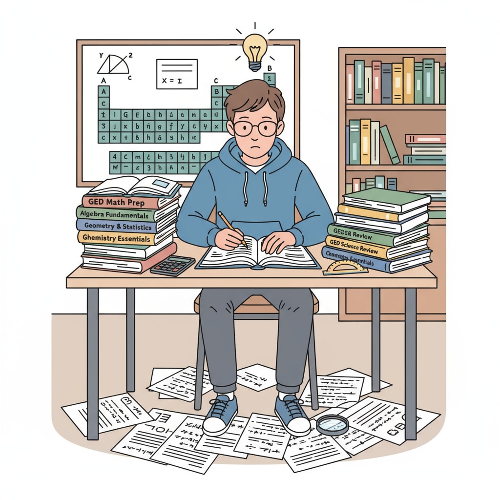 A student is sitting at a desk, surrounded by GED math and science textbooks and papers, studying intently. A student studying GED math and science materials at a desk
