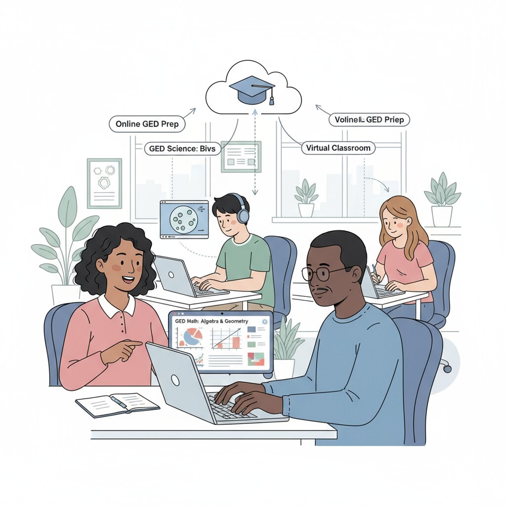 Multiple students are shown looking at their laptops, engaged in online GED math and science learning activities. Students engaged in online GED math and science learning