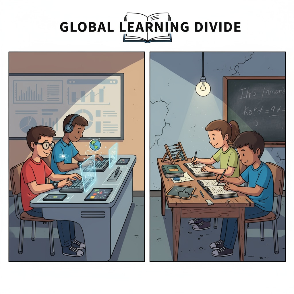 A classroom scene showing a contrast between students from different socioeconomic backgrounds, with some students having access to modern learning tools while others seem to lack basic resources. Classroom scene depicting education system - related social screening and class differentiation