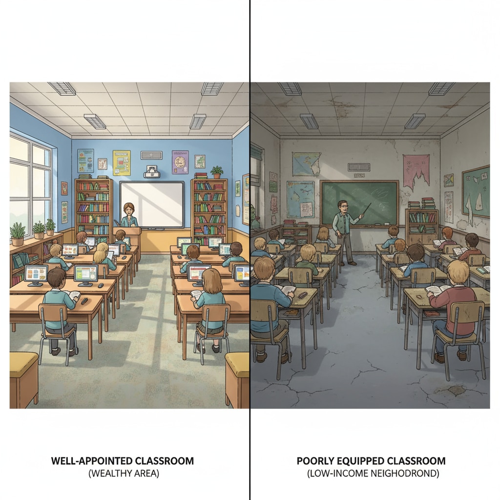 A side - by - side comparison of a well - appointed classroom in a wealthy area and a poorly equipped classroom in a low - income neighborhood. Comparison of classrooms highlighting resource - based class differentiation in the education system
