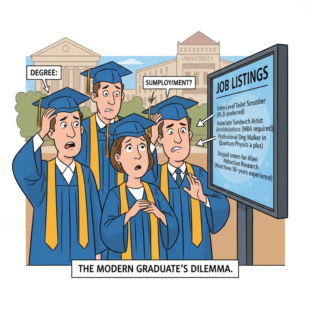 A group of young people in graduation gowns looking at job listings with confused expressions, highlighting the disconnect between graduating with a degree and finding suitable employment. Young graduates confused about job prospects related to their university degrees in the job market and career development context.