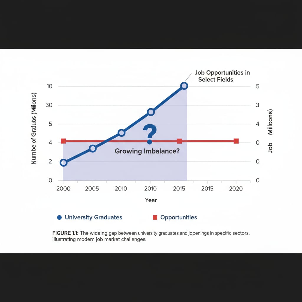 A graph showing the increasing number of university graduates and the stagnant job opportunities in some fields, visually demonstrating the imbalance in the job market for degree holders. Graph depicting the growth of university graduates and limited job openings in certain areas relevant to university degrees, job market, and career development.