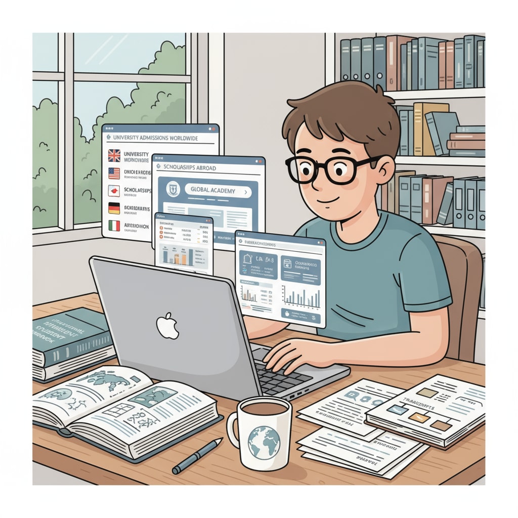 A student is shown researching international university applications on a laptop, with various documents and websites open. Student researching international university applications, highlighting the importance of university applications, scholarships, and extracurricular activities.