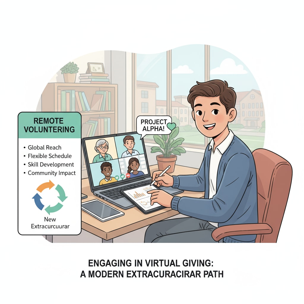 A graphic depicts a student volunteering remotely, communicating with a team via a video call, emphasizing the concept of remote volunteering as an alternative to traditional extracurricular activities. Student volunteering remotely, related to university applications, scholarships, and extracurricular activities.