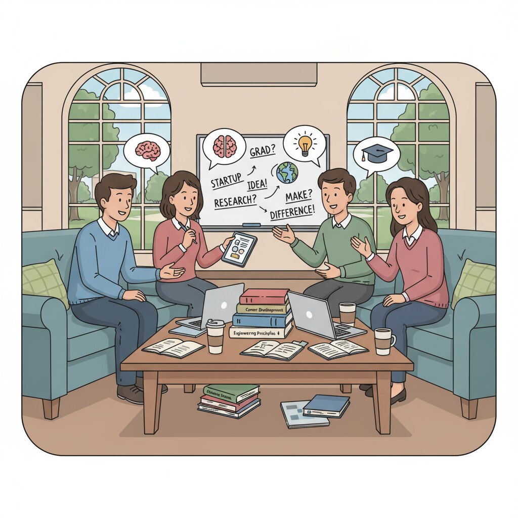 A group of students are engaged in a lively discussion about their future career paths and academic plans in a comfortable campus lounge. There are books and laptops on the table, indicating their serious exploration of these topics. Students discussing career choices and academic advancement in a campus lounge