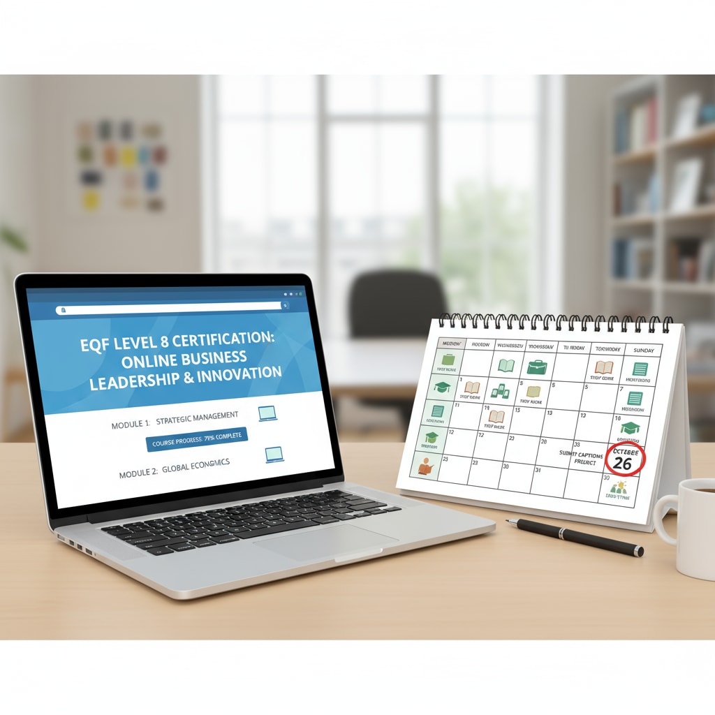 A person is shown studying an EQF 8 online course on a laptop, with a calendar beside indicating a balanced study and work schedule. This represents the flexibility of online learning for full-time workers aiming for EQF 8 certification. A person studying an EQF 8 online course while managing work schedule