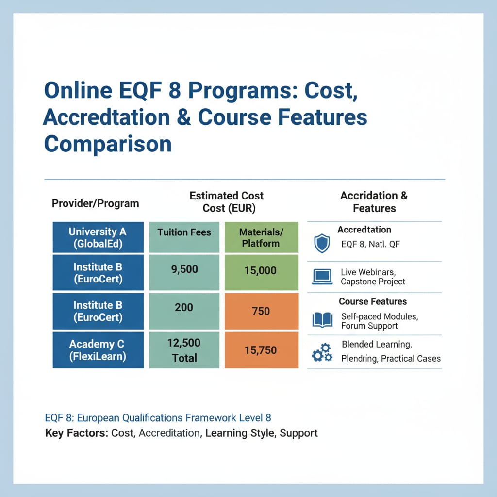 A graphic comparing different online EQF 8 programs in terms of cost, accreditation, and course features. This helps in understanding the factors to consider when choosing an online EQF 8 program. Graphic comparing online EQF 8 programs