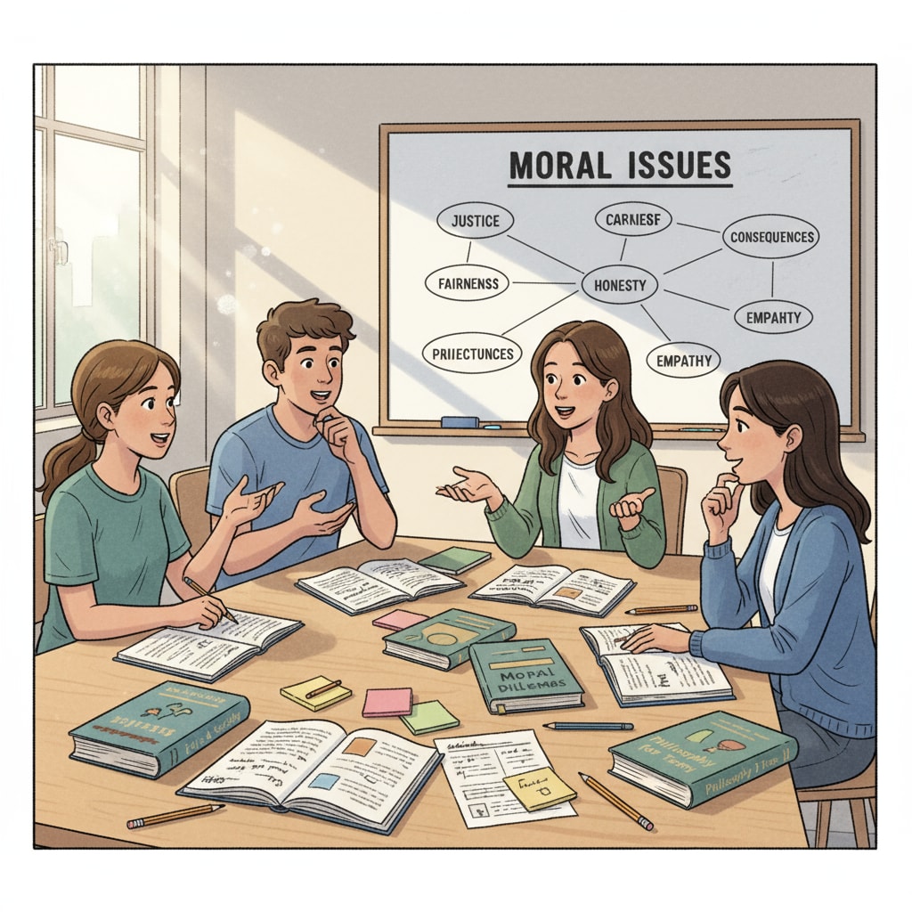 A group of students are engaged in a lively discussion about moral issues in a classroom setting. There are books and notebooks on their desks, indicating their learning process. Students discussing moral philosophy, ethics, and empathy in a classroom as part of their education