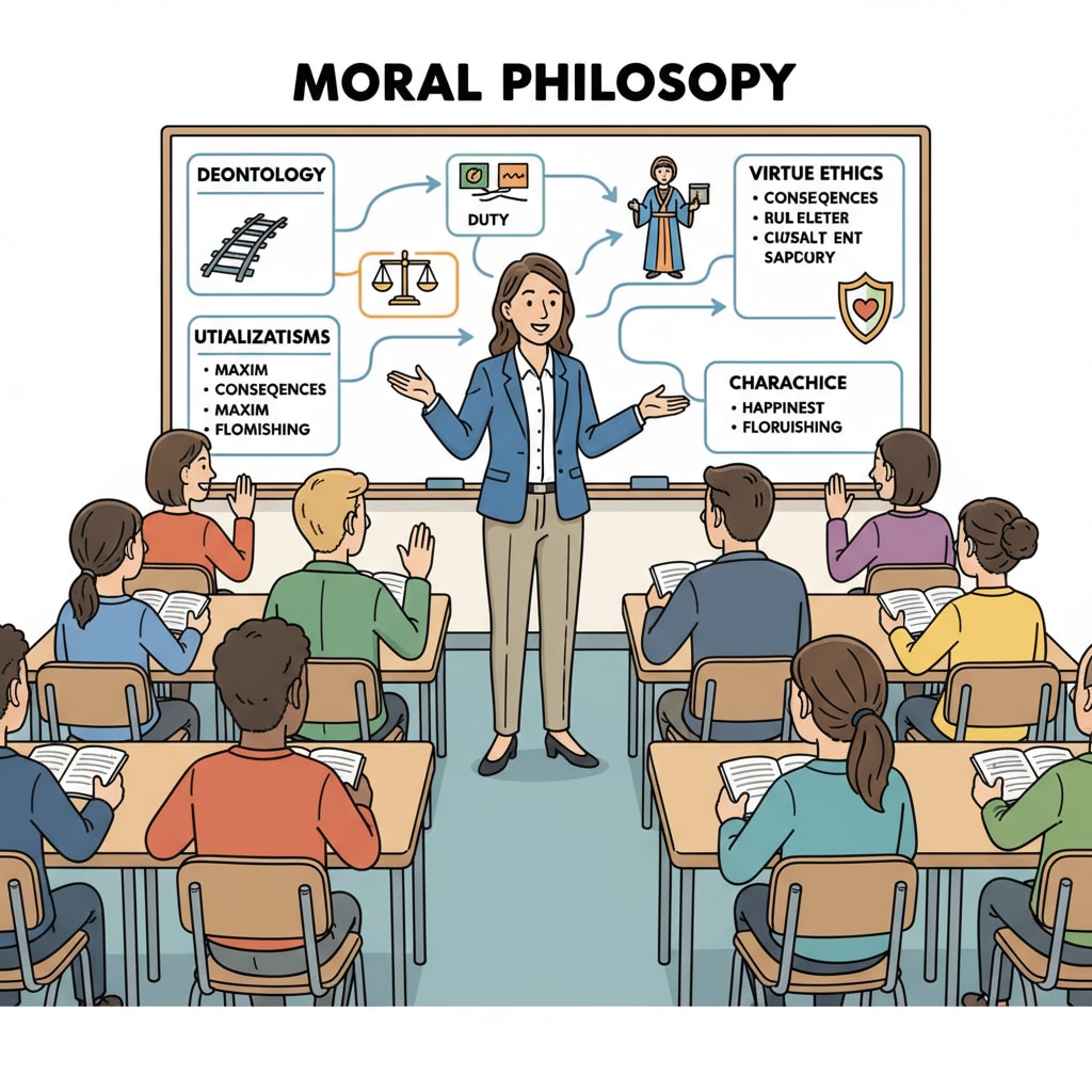 A teacher is standing in front of a whiteboard filled with diagrams and explanations related to moral philosophy concepts. The students are attentively listening. Teacher explaining moral philosophy, ethics, and empathy concepts to students as part of their education