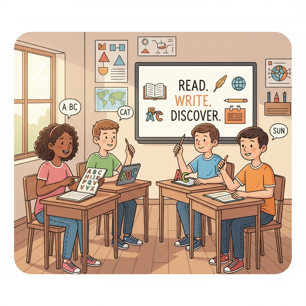 A group of teenagers sitting at desks, showing enthusiasm and readiness to learn basic literacy skills. Adolescents ready to learn basic literacy