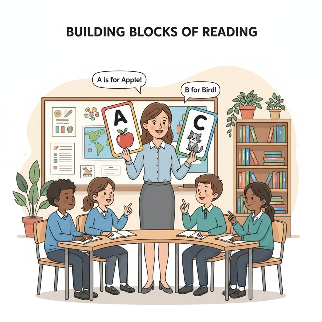 A teacher is using colorful flashcards with pictures and letters to teach a group of adolescents basic literacy concepts. Teacher using flashcards for adolescent basic literacy teaching