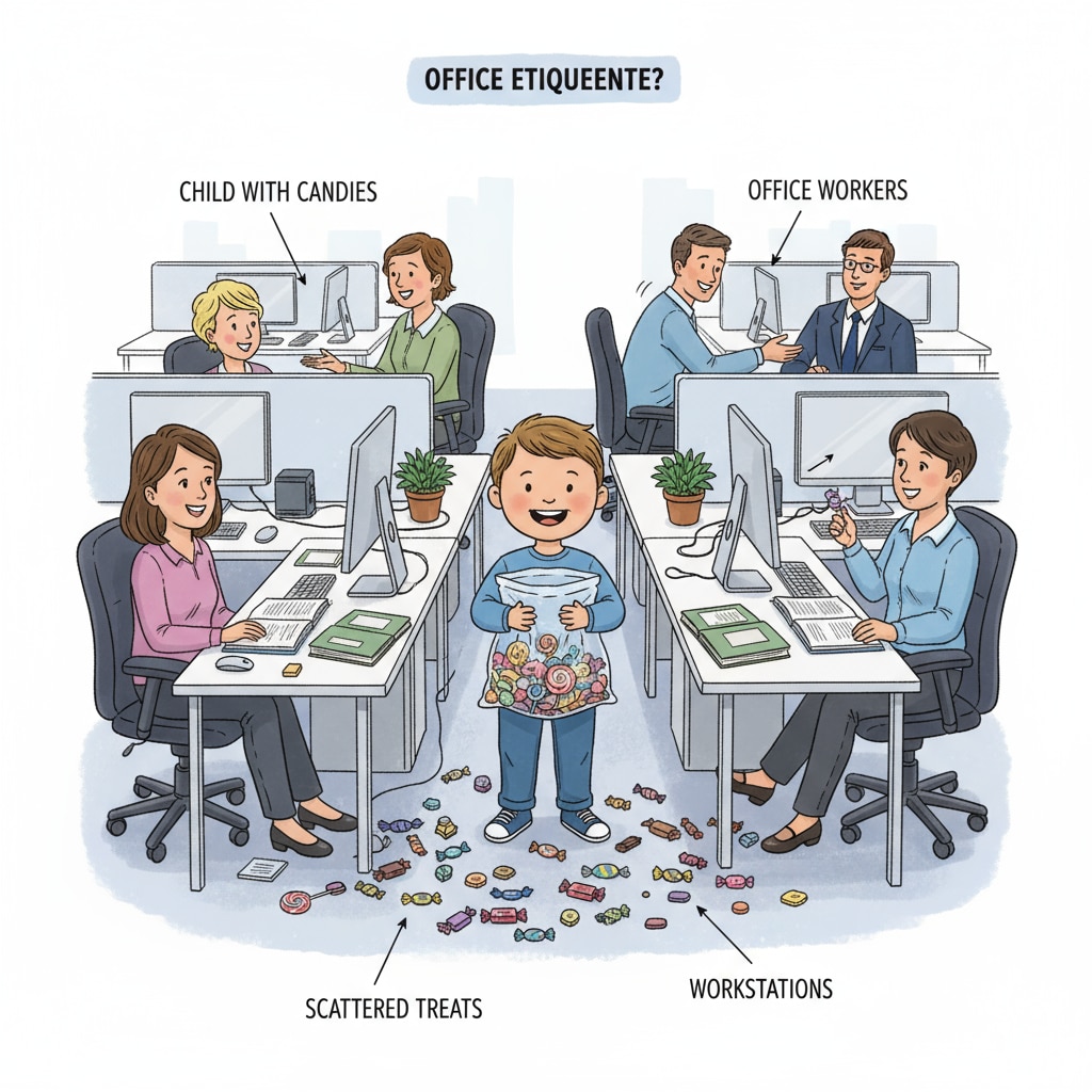 A child is standing in the middle of an office with candies in their hands, and candies are scattered on desks around. A child causing disruption in the office with candies, highlighting workplace boundaries, kinship, and child behavior management