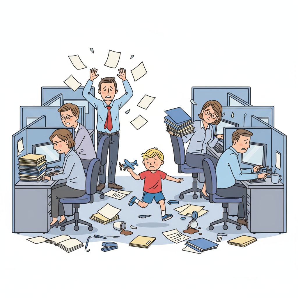 Employees in an office are looking a bit frustrated as a child runs around between desks, with papers and items displaced. An office scene showing the impact of a child's behavior on the workplace, related to workplace boundaries, kinship, and child behavior management