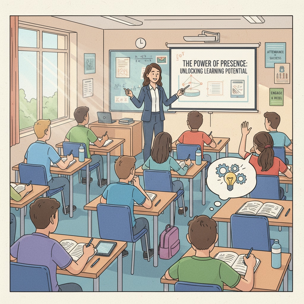 A classroom scene where students are listening to the teacher, some are taking notes, representing the importance of lecture attendance for concentration and learning efficiency. K12 students in a classroom, showing the connection between lecture attendance, concentration, and learning efficiency