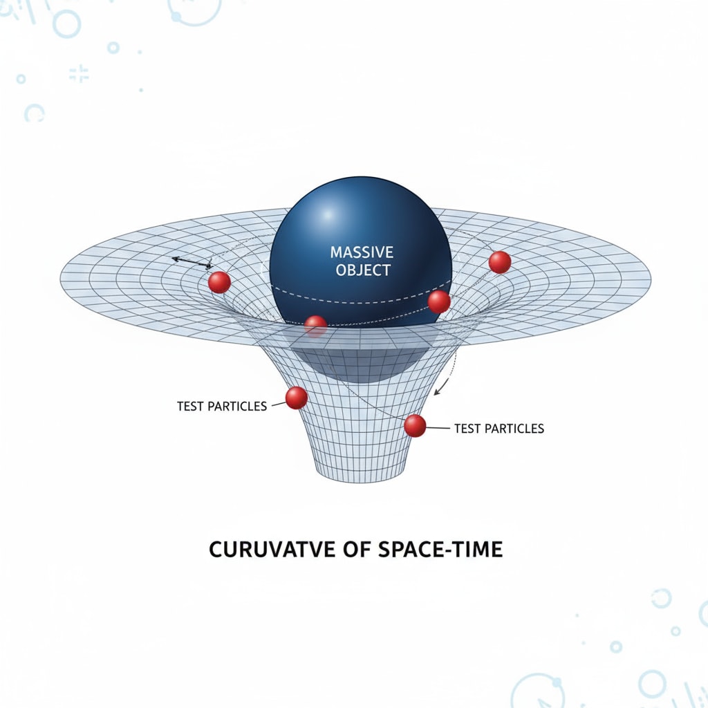 An illustration depicts the curvature of space-time around a massive object. The object causes a distortion in the fabric of space-time, much like a heavy ball placed on a stretched rubber sheet. Illustration of space-time curvature due to gravity in the context of relativity