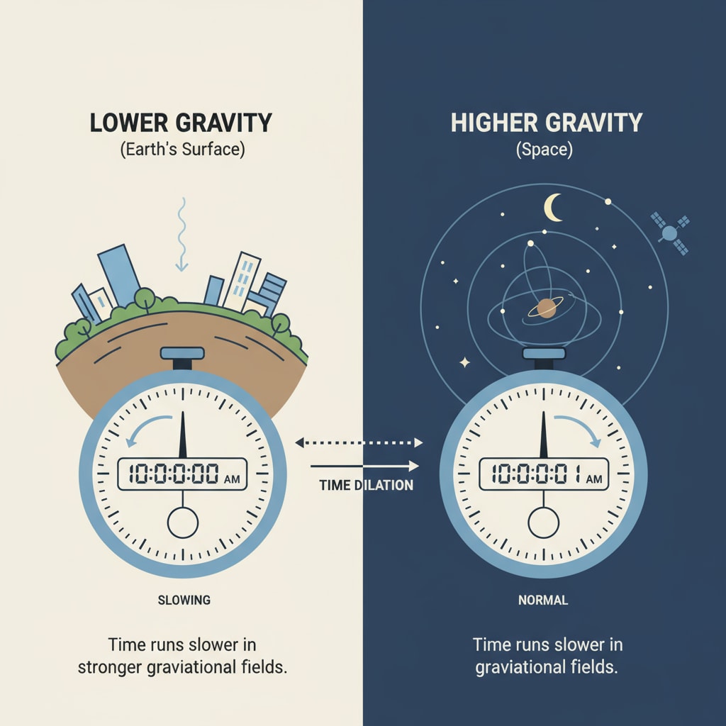 A diagram compares two clocks, one at a lower gravitational level (near the Earth's surface) and one at a higher gravitational level (in space). The clock near the surface is shown to be running slightly slower. Comparison of clocks at different gravitational levels demonstrating time dilation