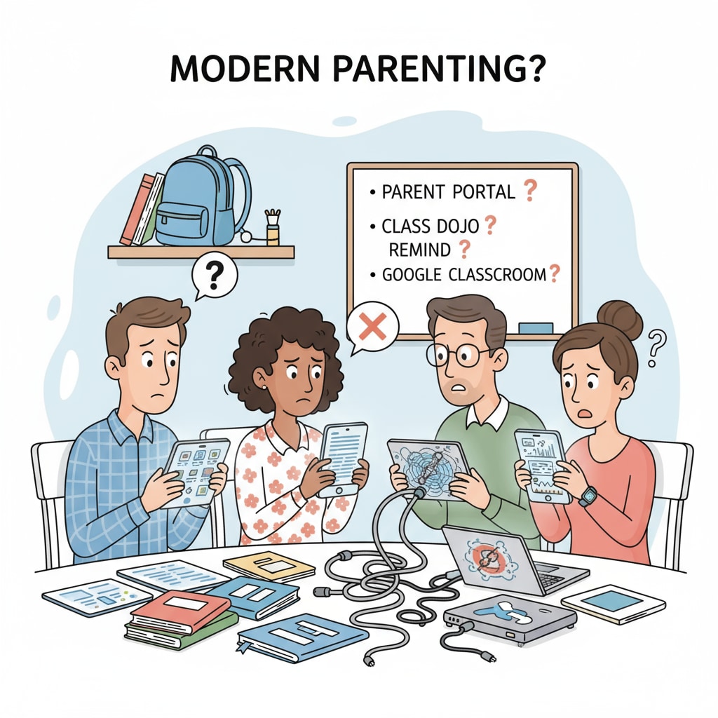 A group of parents looking confused while using different digital devices to access home-school communication platforms Parents confused by multiple home-school communication platforms including Peachjar and Securely