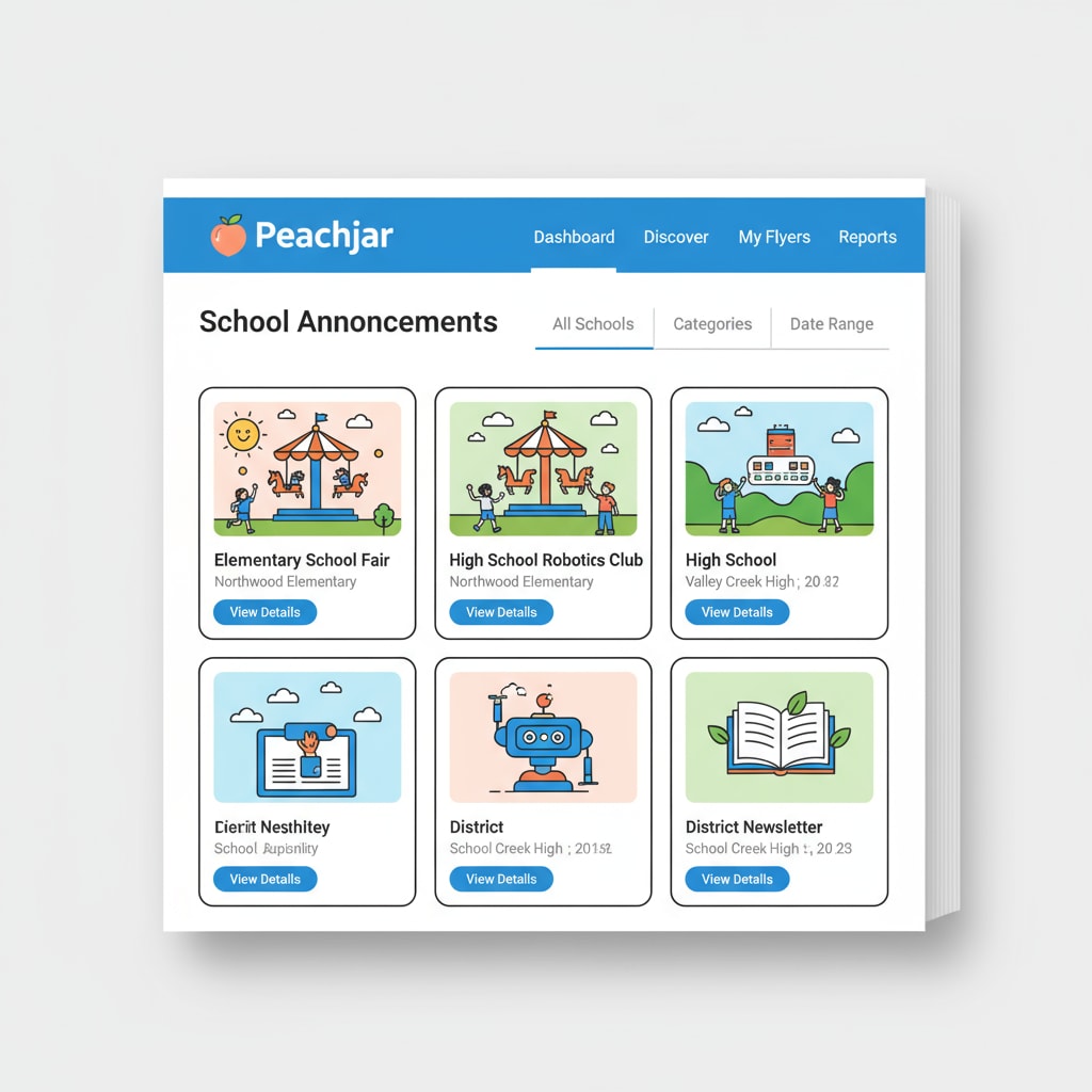 A screenshot of the Peachjar platform interface showing school announcements Screenshot of Peachjar platform with school announcements for home-school communication