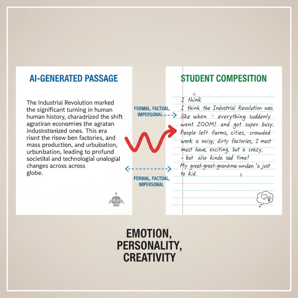 A side-by-side comparison of a typed AI-generated passage and a handwritten student composition, highlighting the differences in style and possible lack of emotion in the AI text. Comparison of AI-generated text and student composition related to writing authenticity, AI detection, and teaching methods