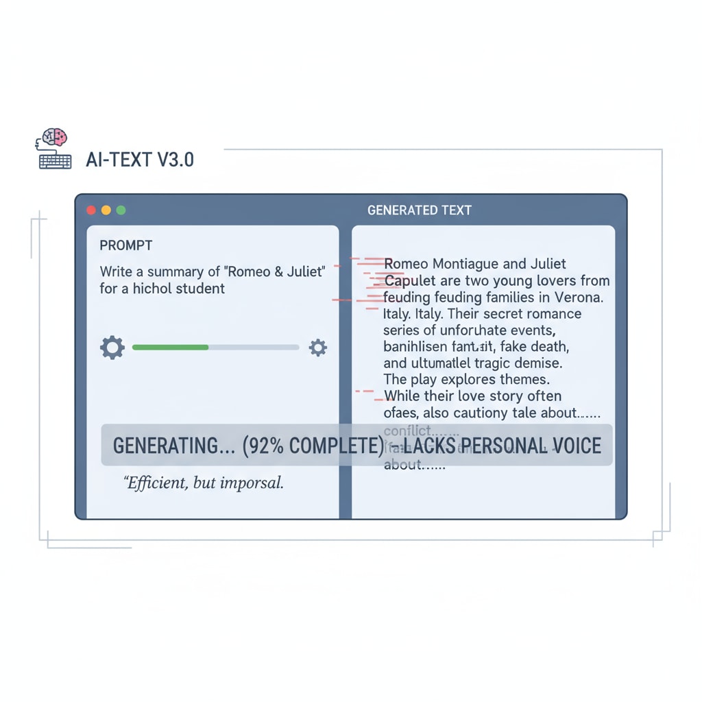 An interface of an AI writing tool with text being generated on the screen, showing the efficiency but lack of personal touch in the process. AI writing interface demonstrating the rise of AI in writing, relevant to writing authenticity, AI detection, and teaching methods