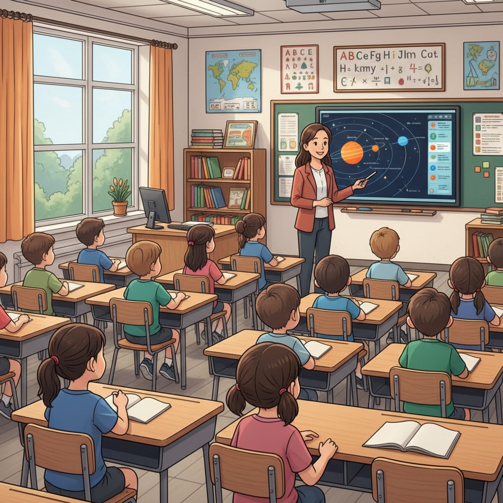 A classroom scene where students are sitting quietly, listening to the teacher A classroom scenario depicting the possible suppression of learning due to focus on obedience