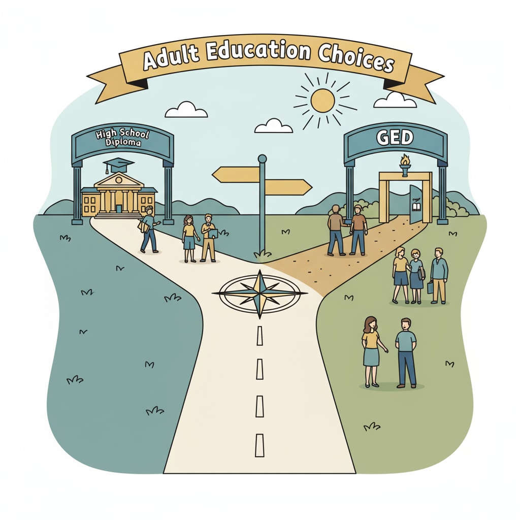 An illustration depicting a person standing at a crossroads, with two paths labeled 'High School Diploma' and 'GED' respectively, representing the choices in adult education. A person choosing between high school diploma and GED in adult education