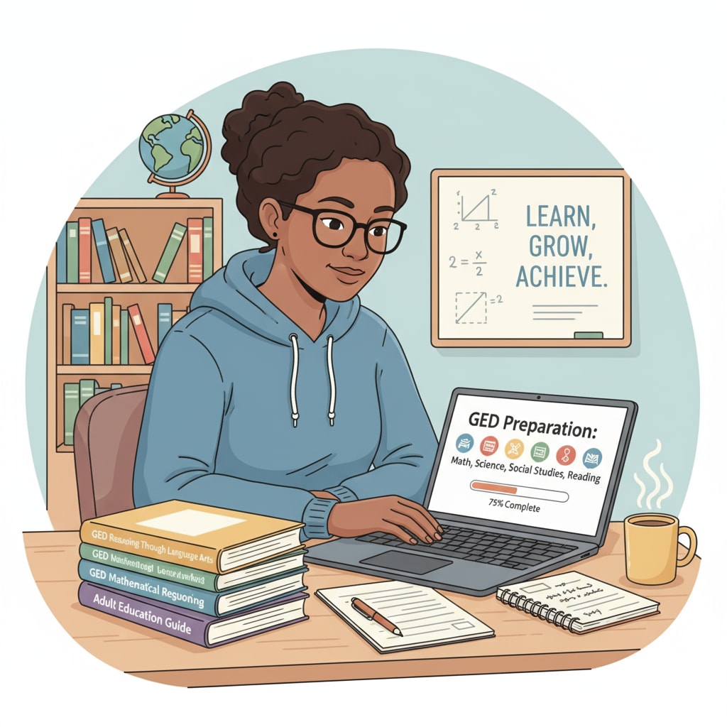 A person is shown sitting at a desk, studying GED materials on a laptop, representing the process of preparing for the GED in adult education. A person studying for GED in adult education