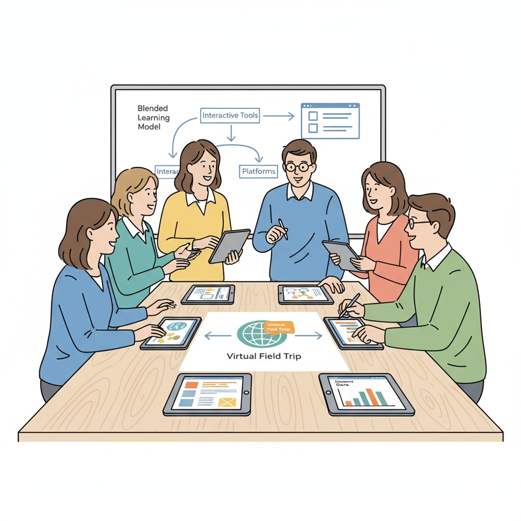 A group of teachers are gathered around a table, discussing and looking at some educational technology tools on tablets. Teachers discussing new educational technology tools to discover and adopt