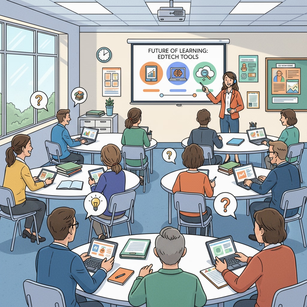 A classroom setting where teachers are attending a professional development workshop. There are presentations about new educational technology tools on the screen. Teachers attending a professional development workshop to learn about educational technology tools for adoption