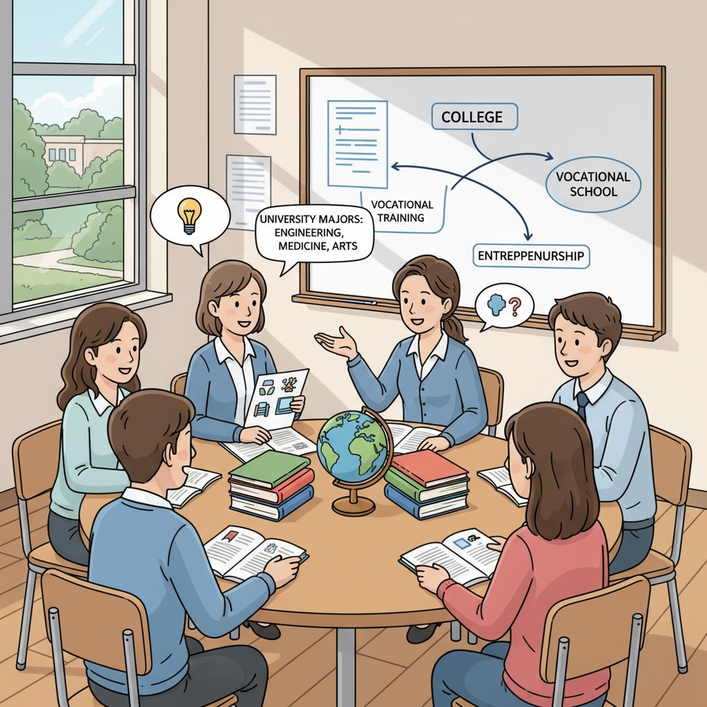 A group of high school graduates are sitting around a table, engaged in a lively discussion about their future plans, with some holding papers about university majors and others about vocational training options. High school graduates discussing career choices, university majors, and employment prospects