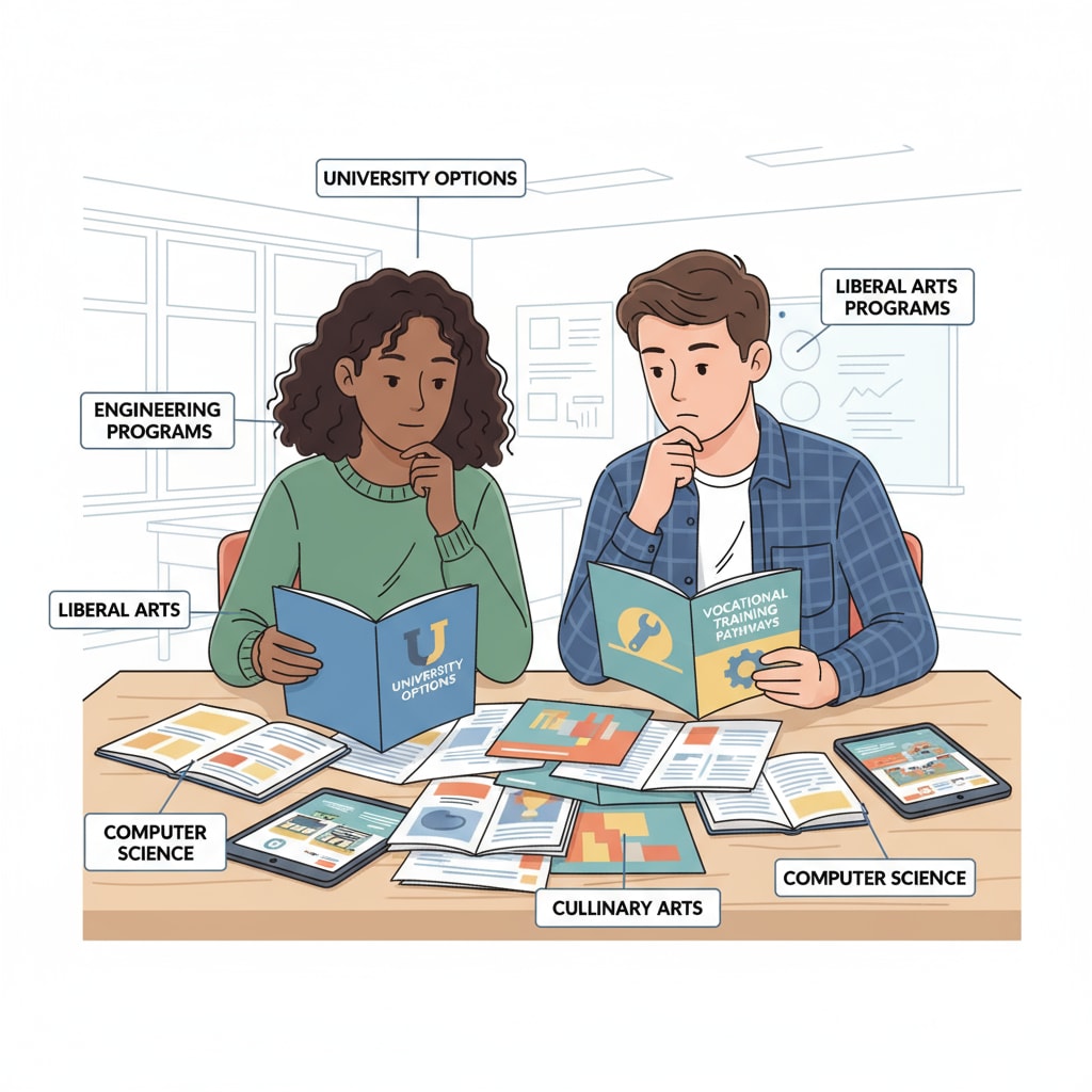 Two students are sitting side by side, comparing brochures from different universities and pamphlets about vocational training programs, with thoughtful expressions on their faces. Students comparing university and vocational training materials related to career choices and employment prospects