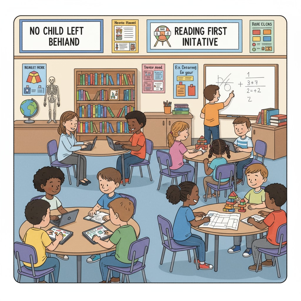 A group of students in a classroom, engaged in learning activities, representing the educational environment influenced by the NCLB Act Students in a classroom affected by the NCLB Act's educational reform and accountability