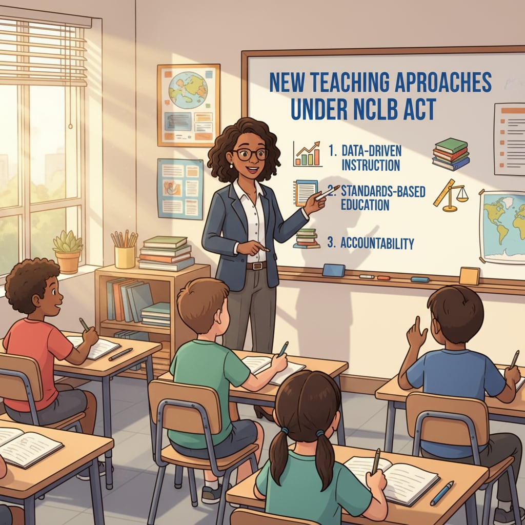 A teacher using a whiteboard to explain concepts, highlighting the new teaching approaches under the NCLB Act Teacher using new teaching methods due to NCLB Act's educational accountability