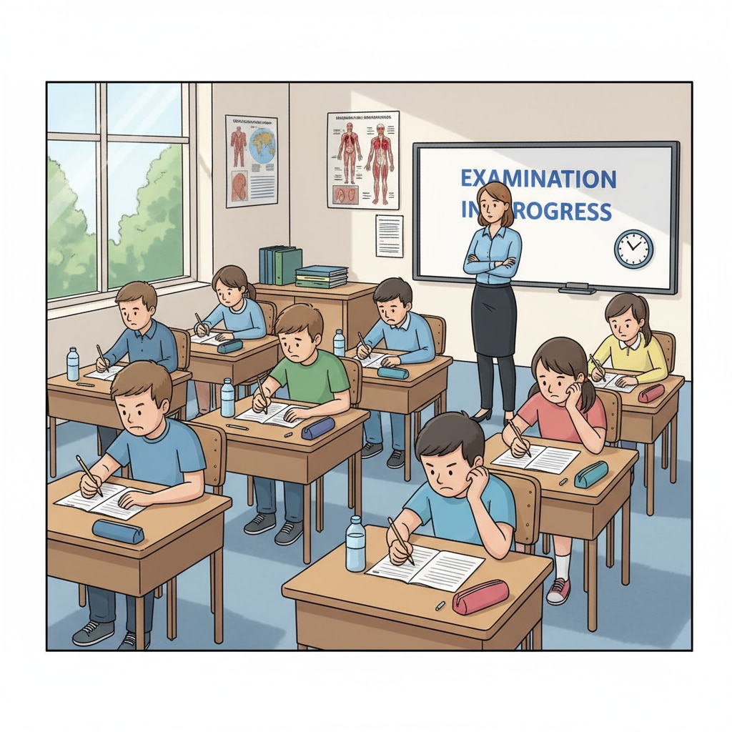 A group of students are sitting at desks, focused on their tests, while an invigilator stands at the front of the classroom, observing. Test invigilators in action during a K12 education assessment