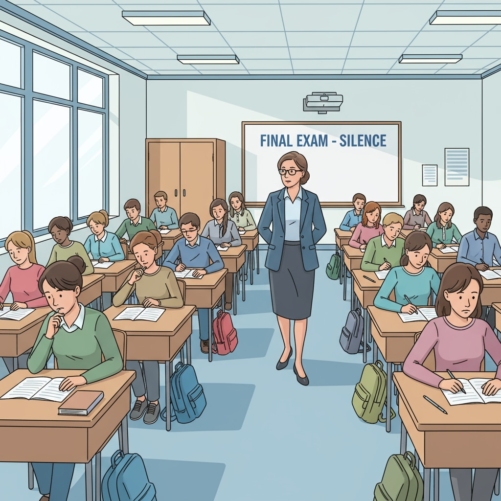 An invigilator is slowly walking up and down the aisles of a classroom, eyes scanning the students' desks and faces during a test. Test invigilator monitoring students during a K12 test