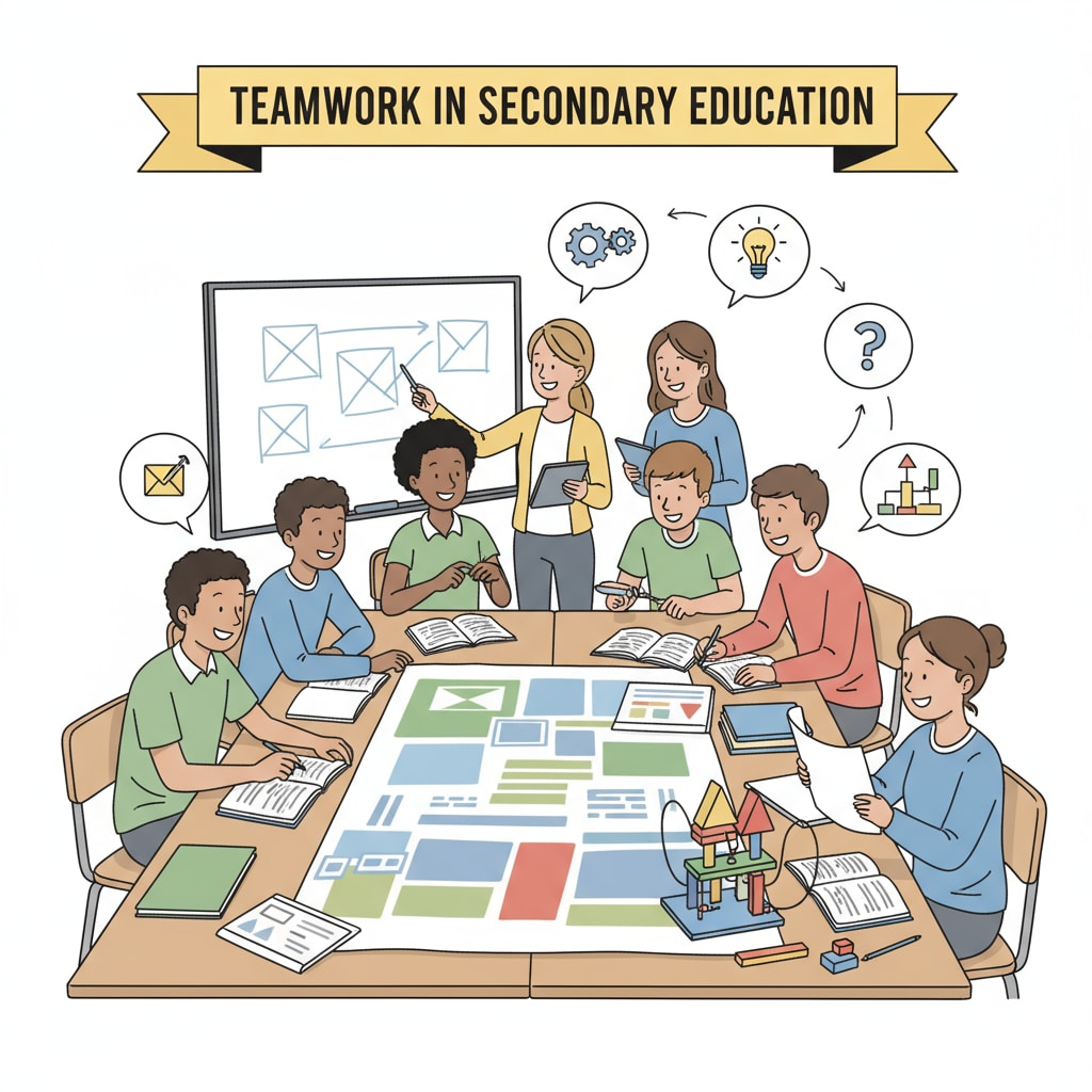 In a classroom, students are divided into groups. They are working together on a project, collaborating, and learning from each other, which represents the importance of teamwork in secondary education. Classroom scene with students working in groups for teamwork development in secondary education
