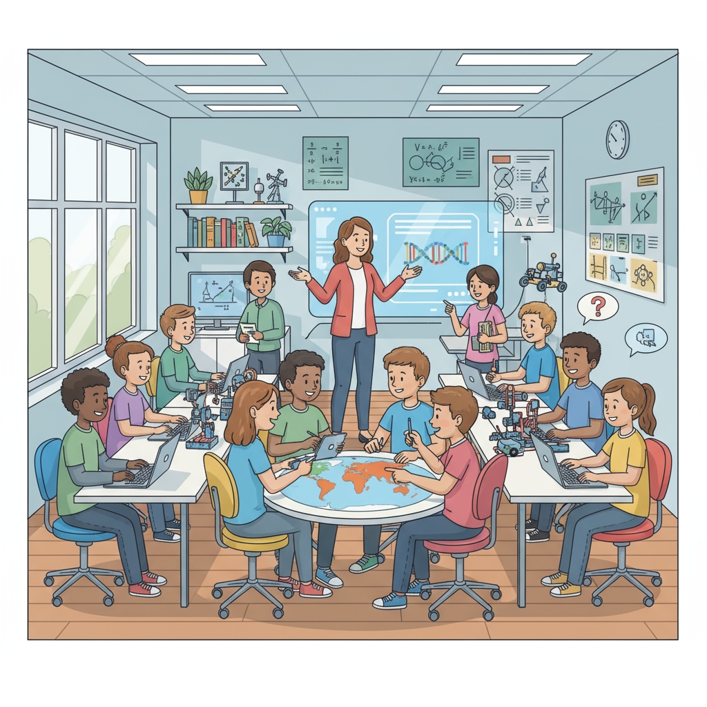 A group of students are actively engaged in discussions and learning activities in a modern and well-equipped classroom, representing the active learning promoted by Ultralearning. Students actively learning in a classroom related to learning methods, meta-learning, and deep mastery