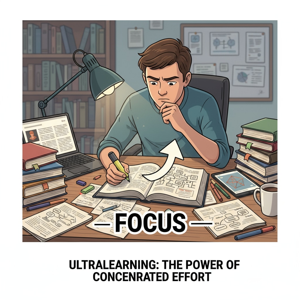 A single student is intently focused on a study project, with books and materials spread out, highlighting the principle of focus in Ultralearning. A student concentrating on a study project for learning methods, meta-learning, and deep mastery