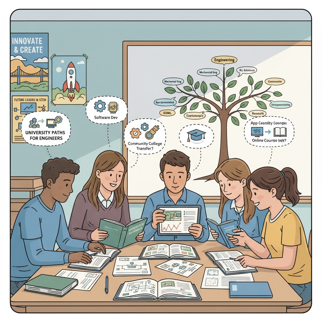 High school students are engaged in a discussion about different ways to pursue engineering and computer science education, looking at books and notes related to these fields. High school students exploring educational alternatives for engineering and computer science