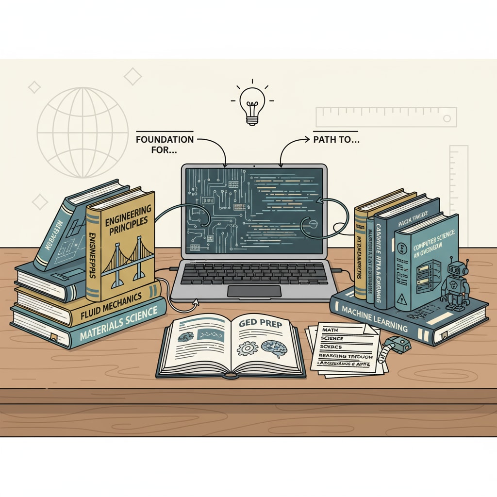 A student is sitting at a desk, surrounded by GED study materials and books on engineering and computer science, indicating the connection between GED and these fields of study. A student preparing for GED with engineering and computer science resources