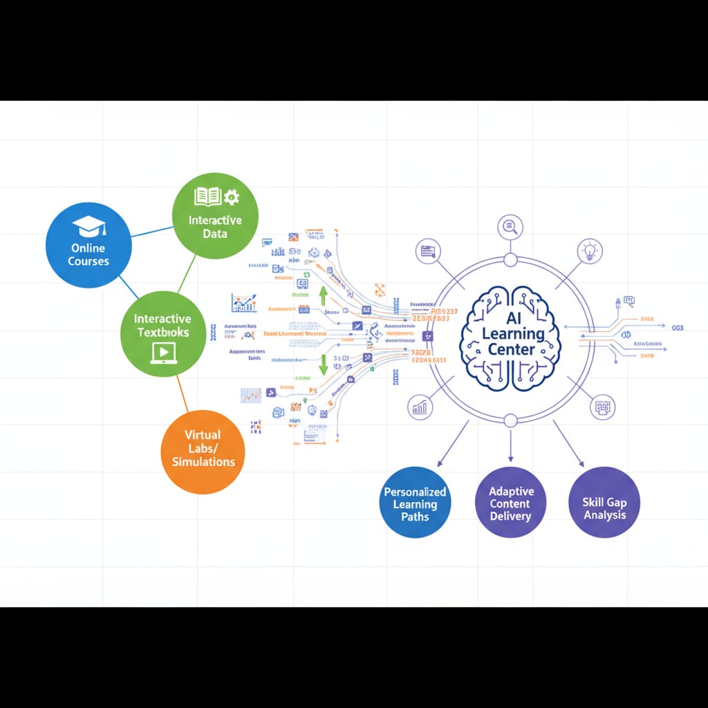 An illustration showing various educational platforms with data flowing into an AI learning center An illustration depicting the flow of data from multiple educational platforms into an AI learning center for data integration to enhance teacher efficiency