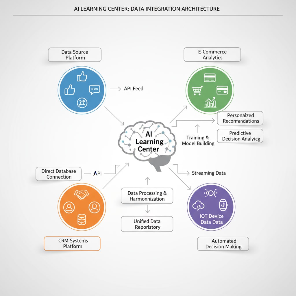 A diagram depicting how an AI learning center integrates data from various platforms A diagram demonstrating the process of an AI learning center integrating data from different educational platforms to provide unified insights for teacher efficiency