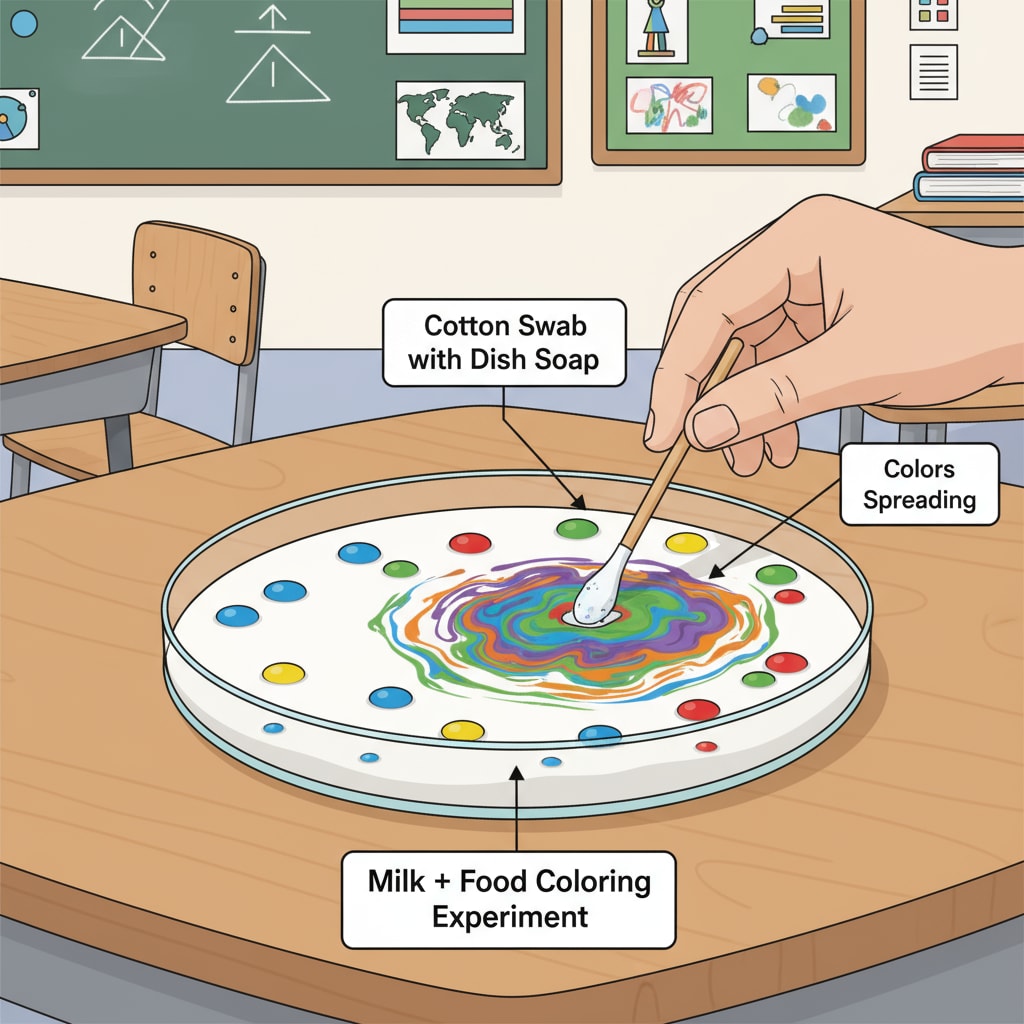 Primary school students observing the color-changing milk experiment for a science exhibition
