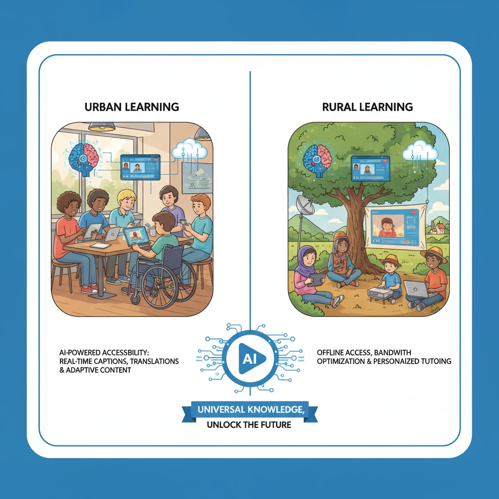 An illustration of students from various backgrounds accessing AI-assisted video learning resources for educational equity.