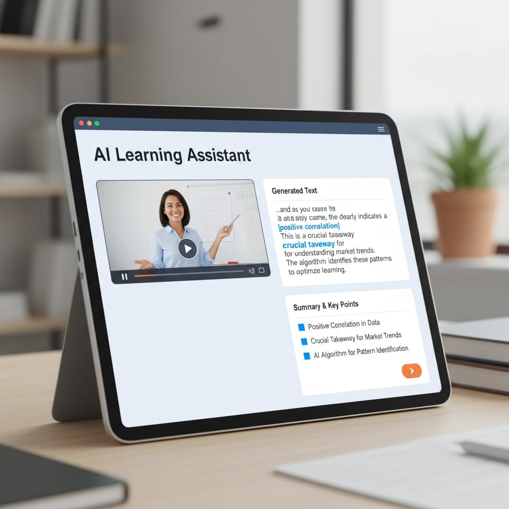 A screenshot of an AI tool generating captions and summaries for educational video resources to support AI-assisted learning.