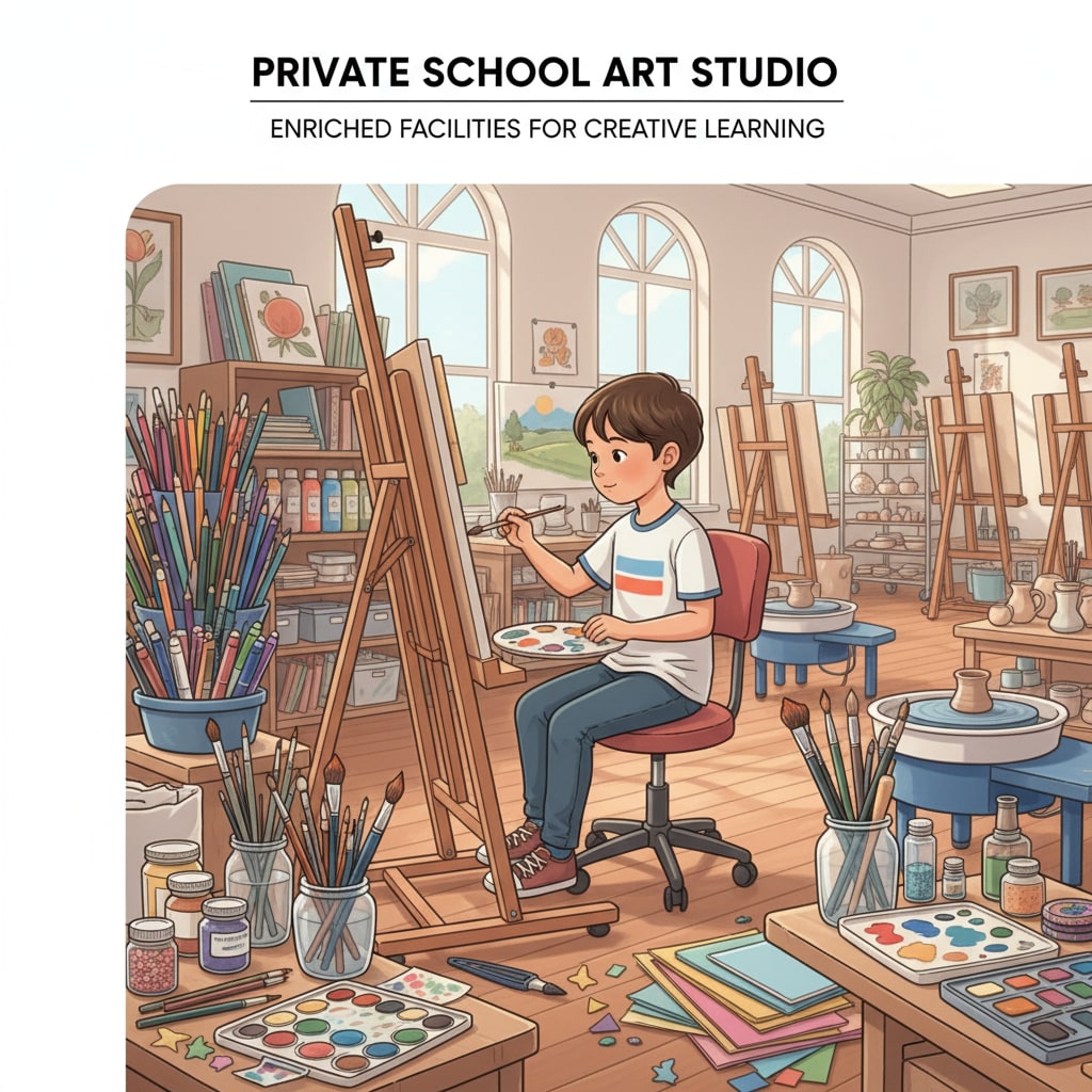 A child engaged in an art class in a private school, surrounded by art materials, showing the advantages of private school facilities. A child in a private school art class relevant to educational choices for siblings in private and public schools