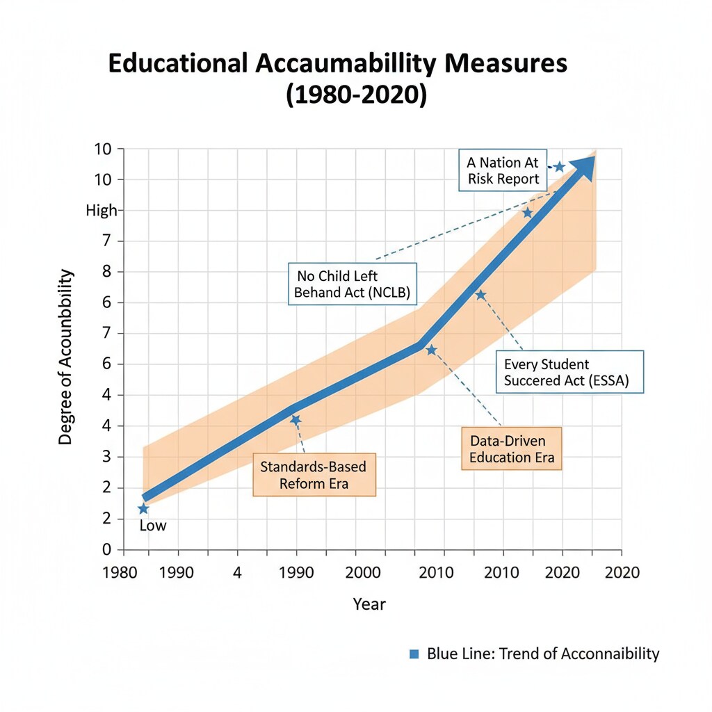 A graph depicts the increasing trend of educational accountability measures over the years, highlighting the changes in the educational landscape. Graph showing the growth of educational accountability measures related to NCLB Act and principal's dilemma