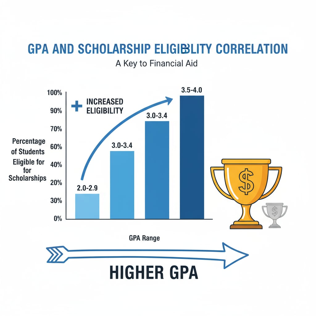 A graph depicting how higher GPAs are correlated with increased scholarship eligibility percentages. GPA and scholarship eligibility graph related to GPA, scholarships, technical skills, priorities