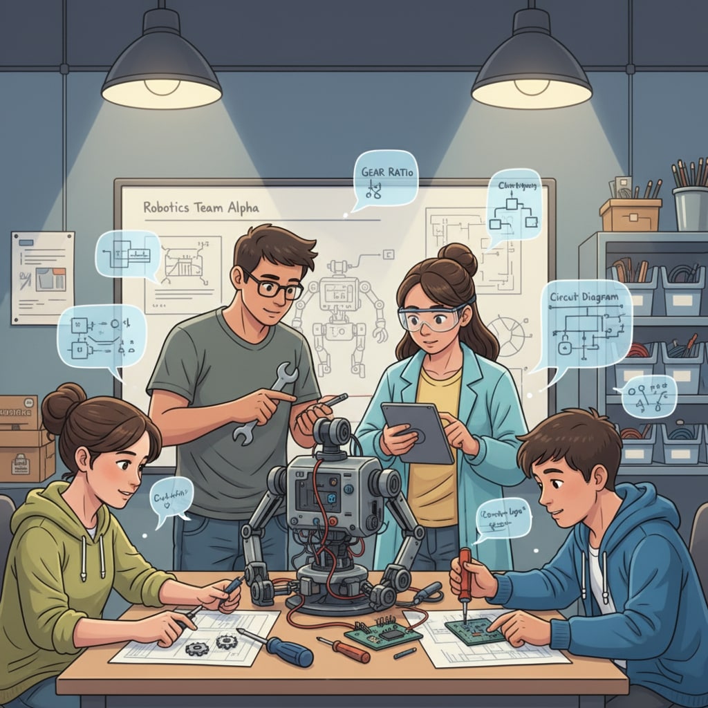 A picture showing a group of students collaborating on a robotics project, highlighting their technical skills. Students working on a technical project relevant to GPA, scholarships, technical skills, priorities