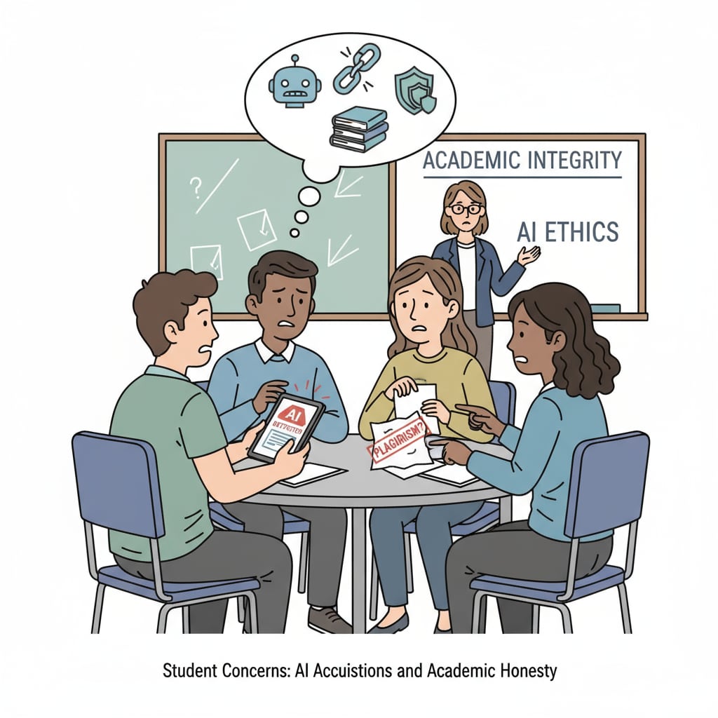 Students discussing their papers in a classroom setting, showing their concern about AI accusations and academic integrity Students expressing concerns about AI accusations and academic integrity in a classroom